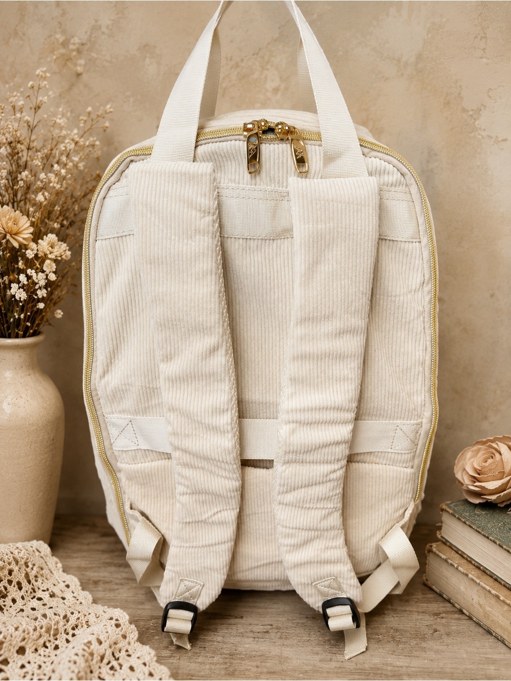 15.6” Laptop Backpack Beige Corduroy TSA Travel School Work Bookb - Picture 3 of 3